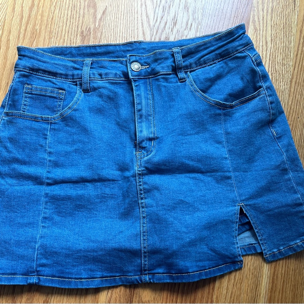 Denim mini skirt with shorts underneath